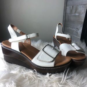 Dansko white buckle leather strappy wedges